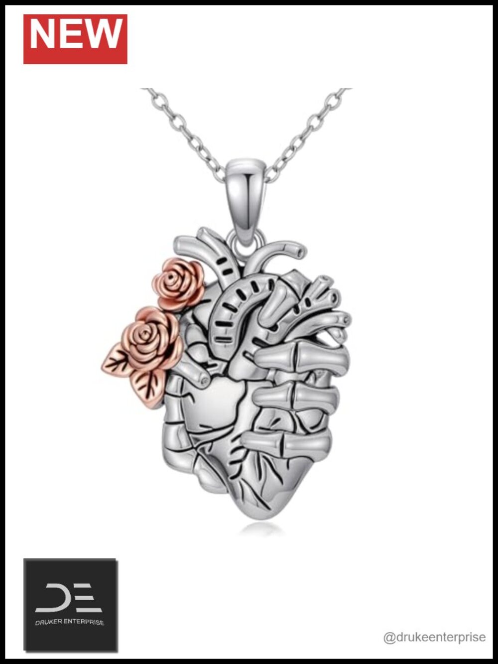 925 Sterling Silver Skull Pendant Necklace Gothic Anatomical Heart Jewelry